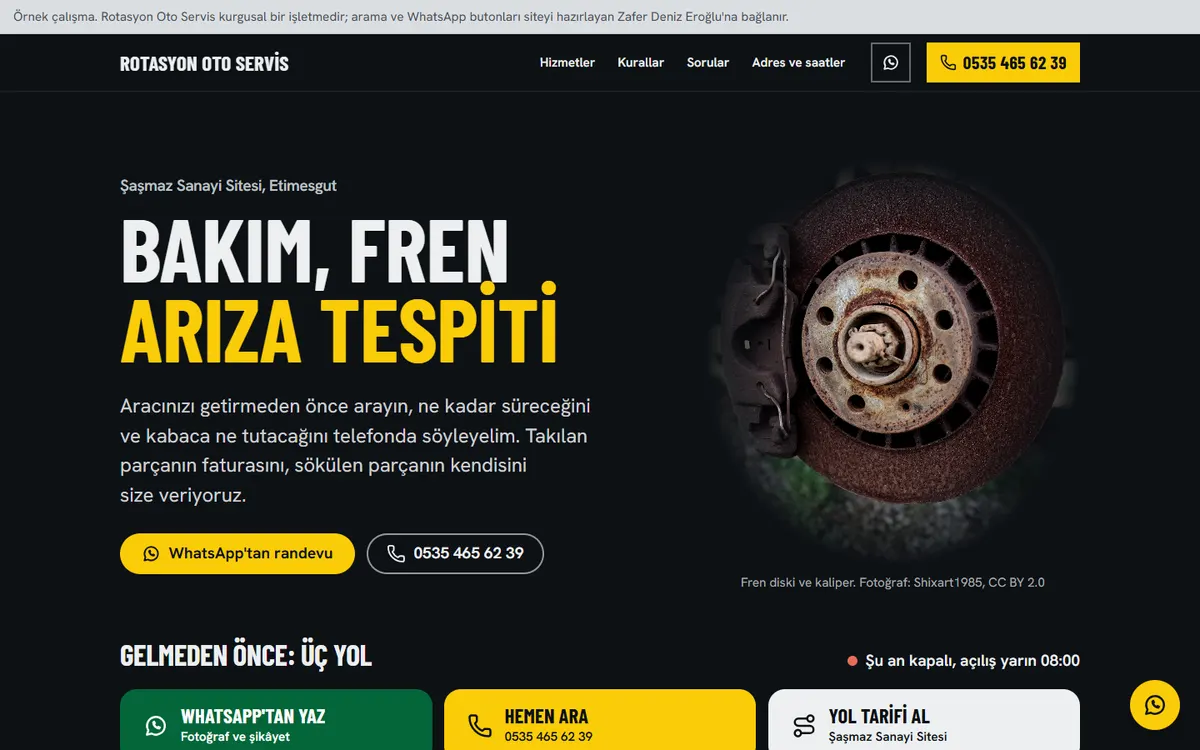 Rotasyon Oto Servis örnek sitesinin ana sayfası